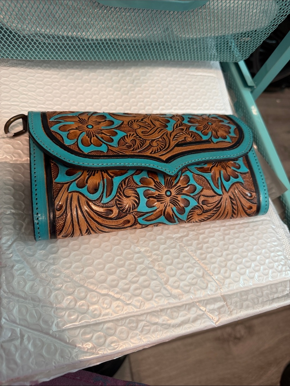 Turquoise and Brown Floral Tooled Leather Wallet Clutch